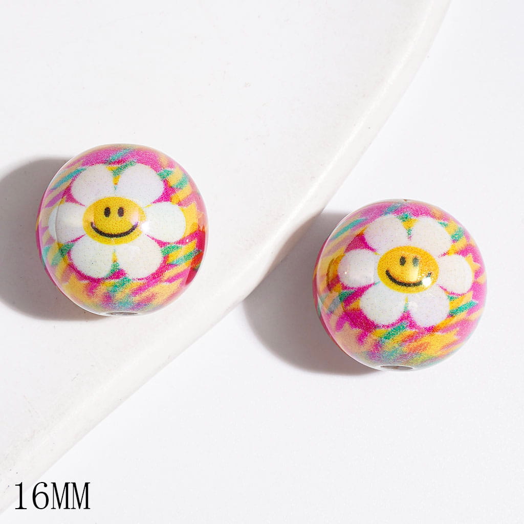 UV-Finished Smiling Daisy Flower with Colorful Confetti Stripe Print Round Acrylic Beads for DIY Bracelets and Necklets, 16MM