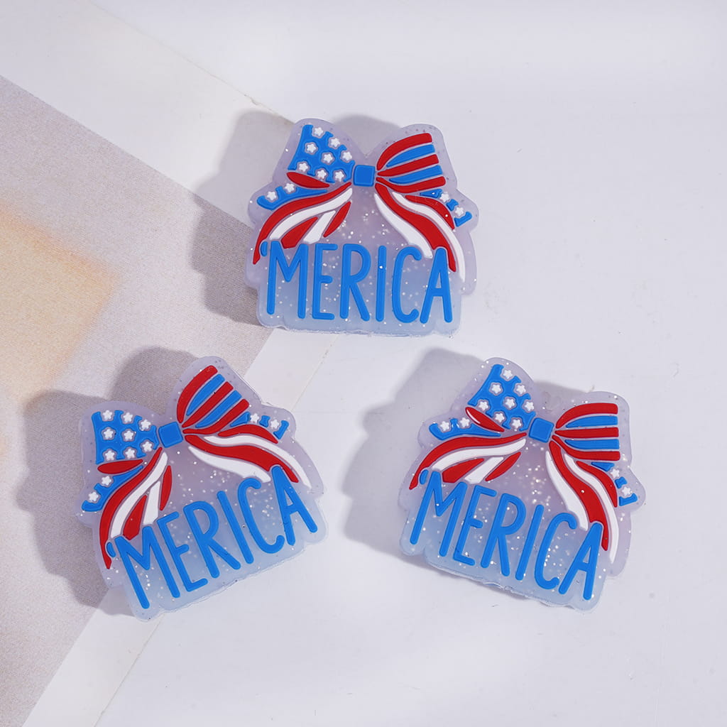 Silver Glitter Silicone Focal Beads with Text "MERICA" and Bowtie in American Flag