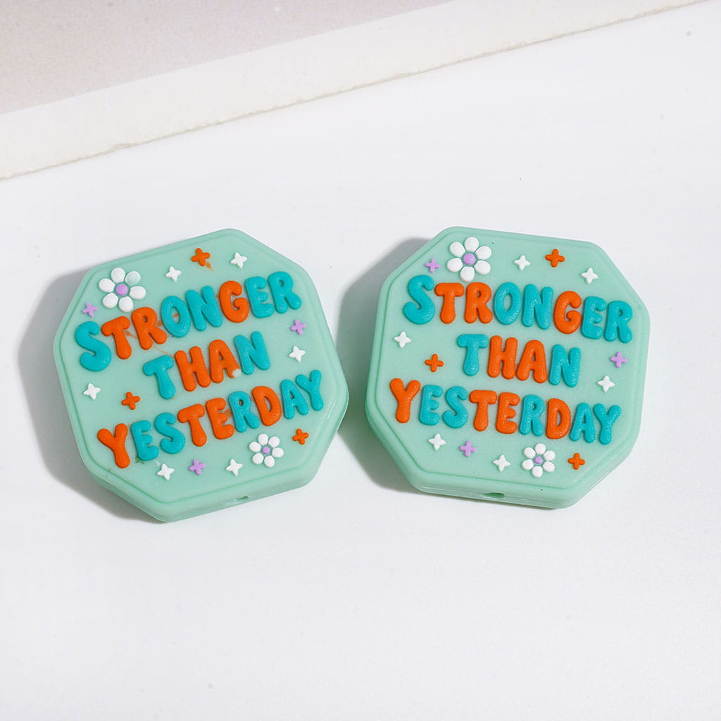 Motivational Message & Flower Design Flat Square, Rectangle, Star & Octagon Shape Silicone Focal Beads