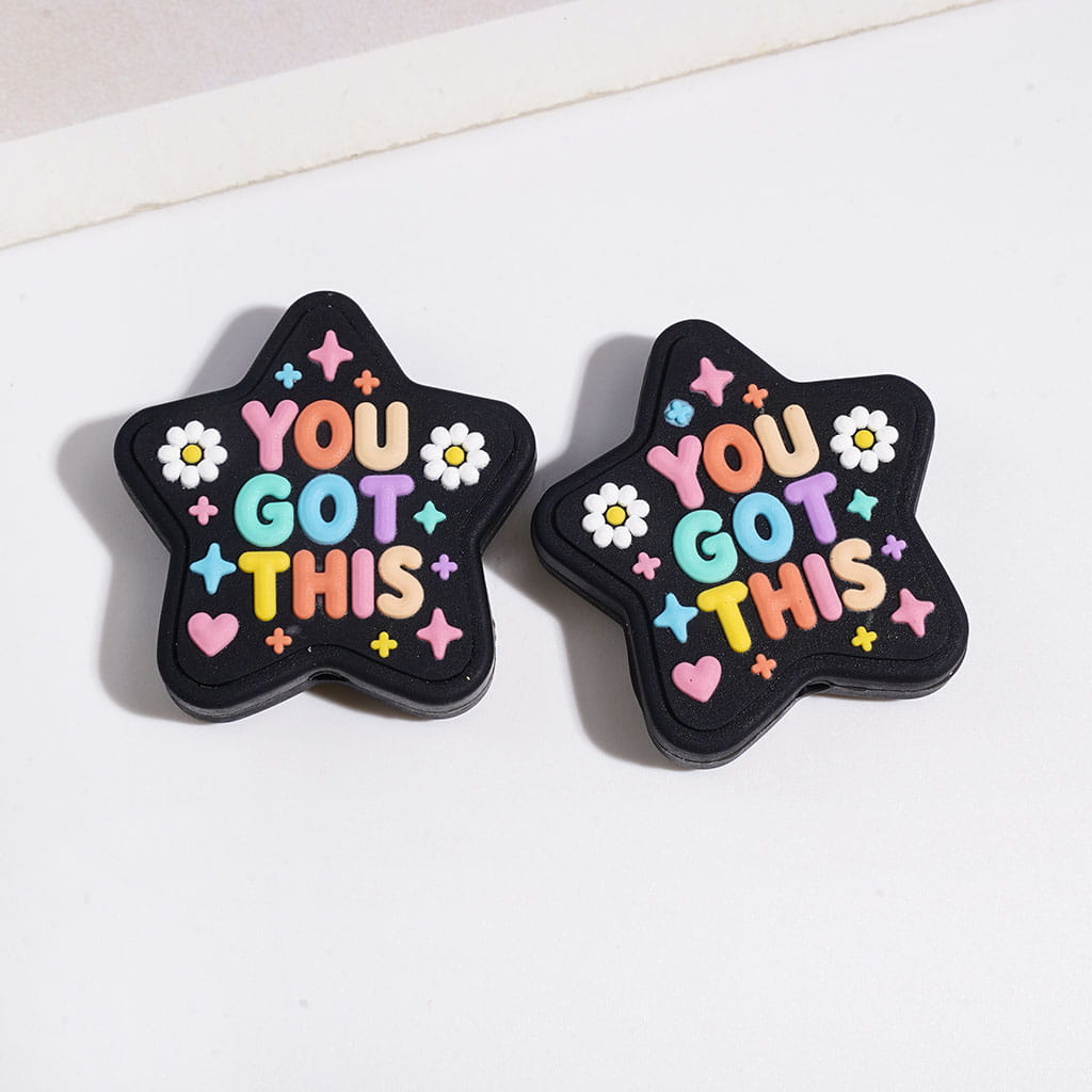 Motivational Message & Flower Design Flat Square, Rectangle, Star & Octagon Shape Silicone Focal Beads