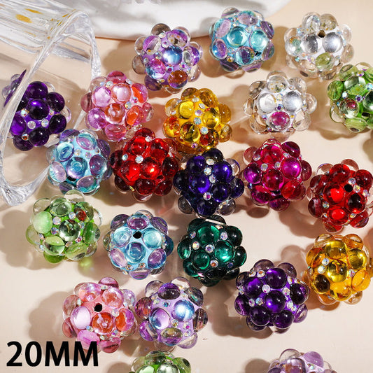 Glossy Bubble Style Handcrafted Acrylic Beads with Semicircle and AB Rhinestones, 20MM, Multi-Color Random Mix
