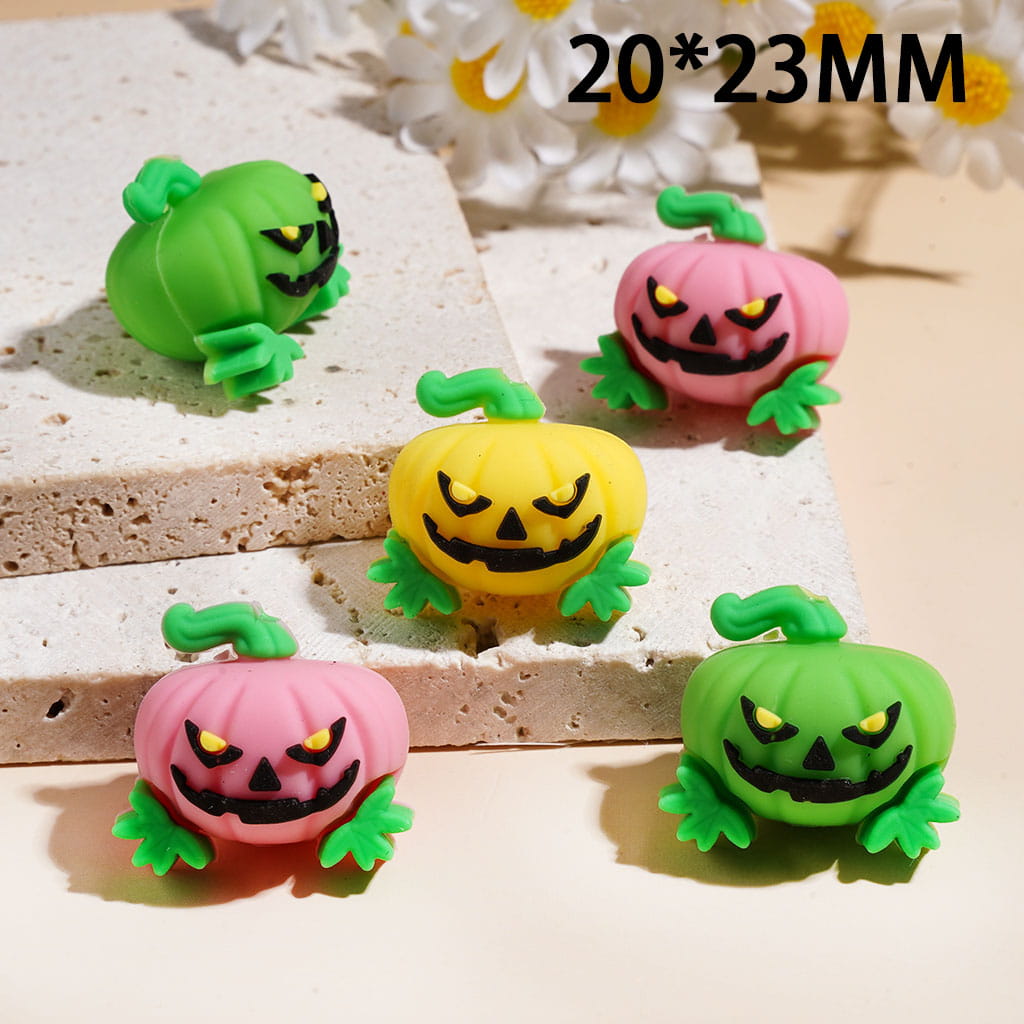 3D Mini Halloween Evil Pumpkin with Green Leaf and Stem Silicone Focal Beads, Assorted Colors