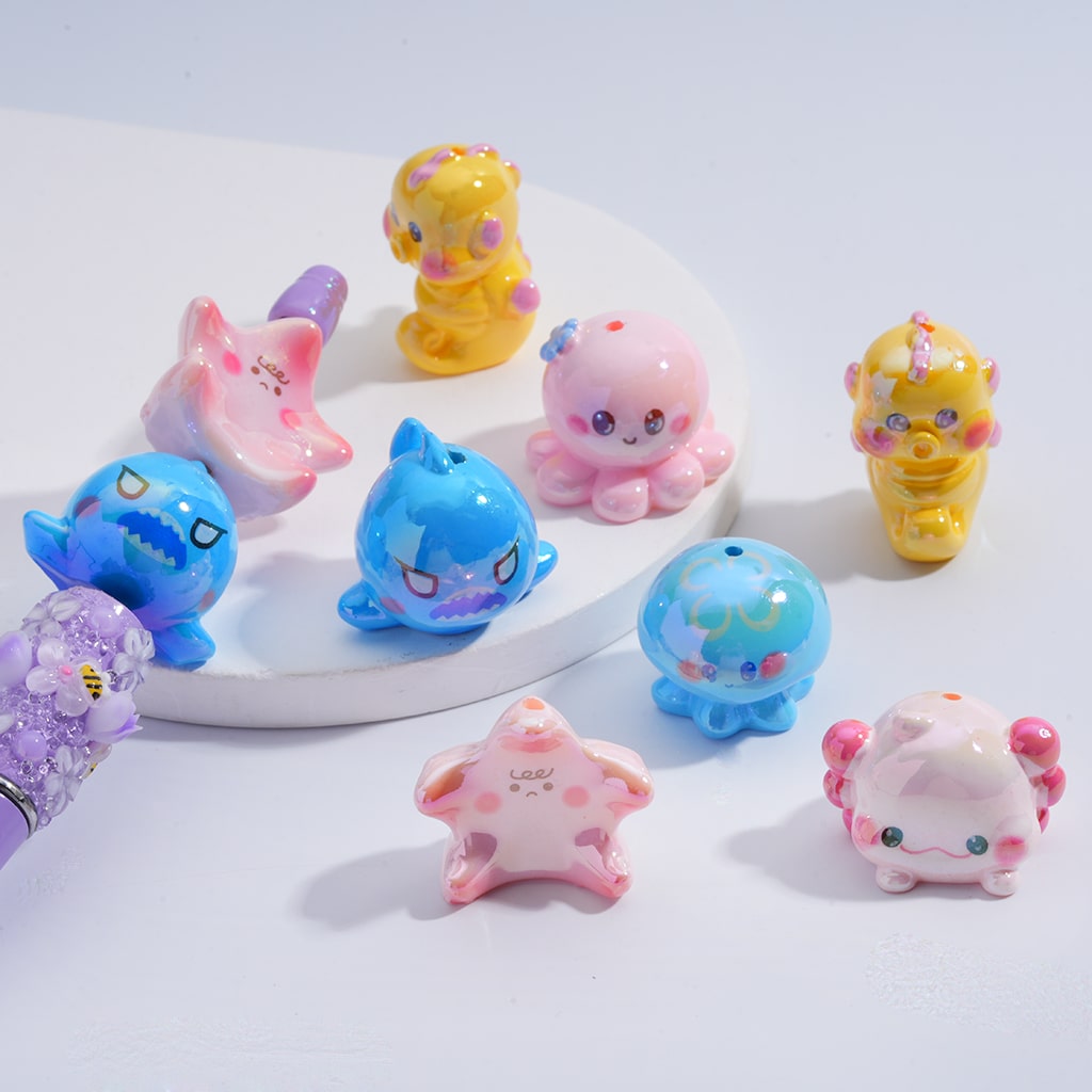Acrylic Beads  UV Coating Cute Marine Sea Ocean Animals Shark Starfish Seahorse Octopus Jellyfish Ray, Random Mix