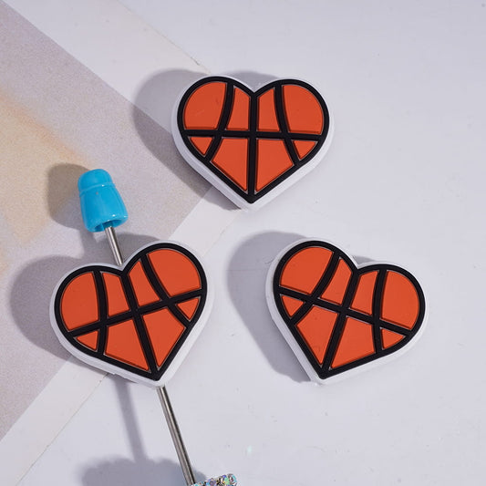 Sports Style Basketball Texture Heart Shape Silicone Focal Beads