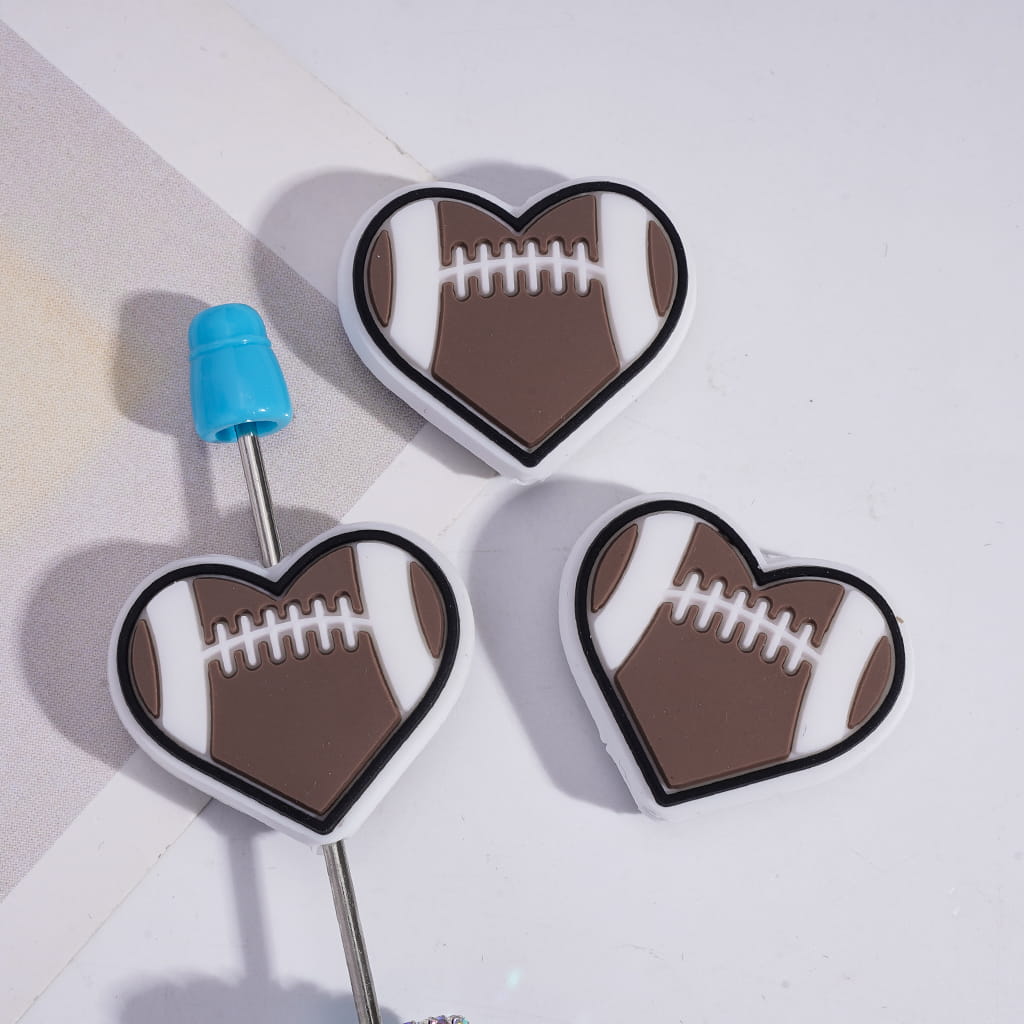 Sports Style American Football Texture Heart Shape Silicone Focal Beads