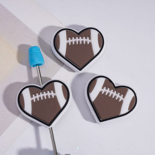 Sports Style American Football Texture Heart Shape Silicone Focal Beads