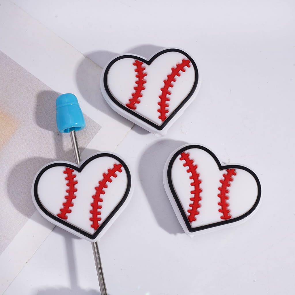 Sports‑Themed Baseball Texture Heart Shape Silicone Focal Beads