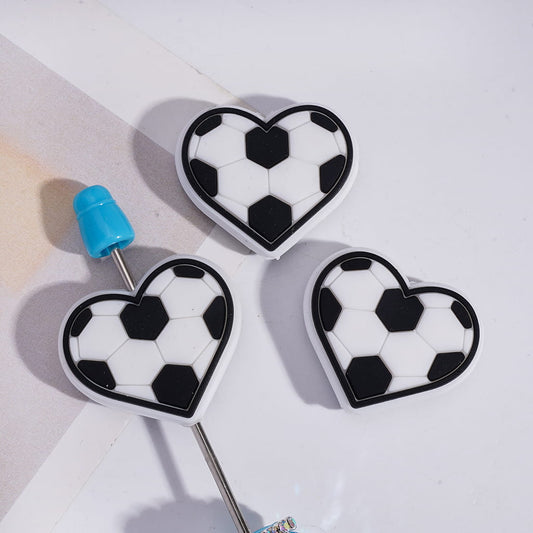 Soccer Texture Sports Style Heart Shape Silicone Focal Beads