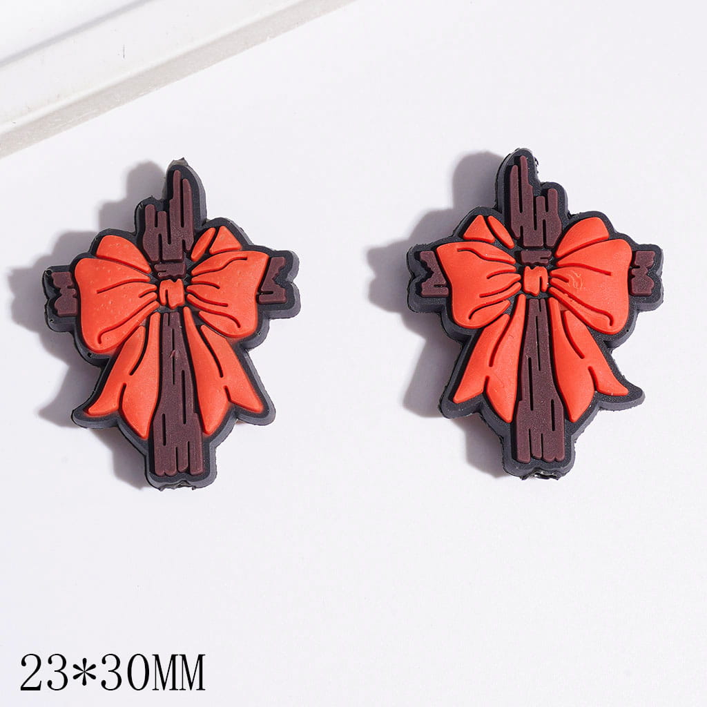 Silicone Focal Beads Brown Wooden Cross with Bowtie, 23*30MM, Multi-Color