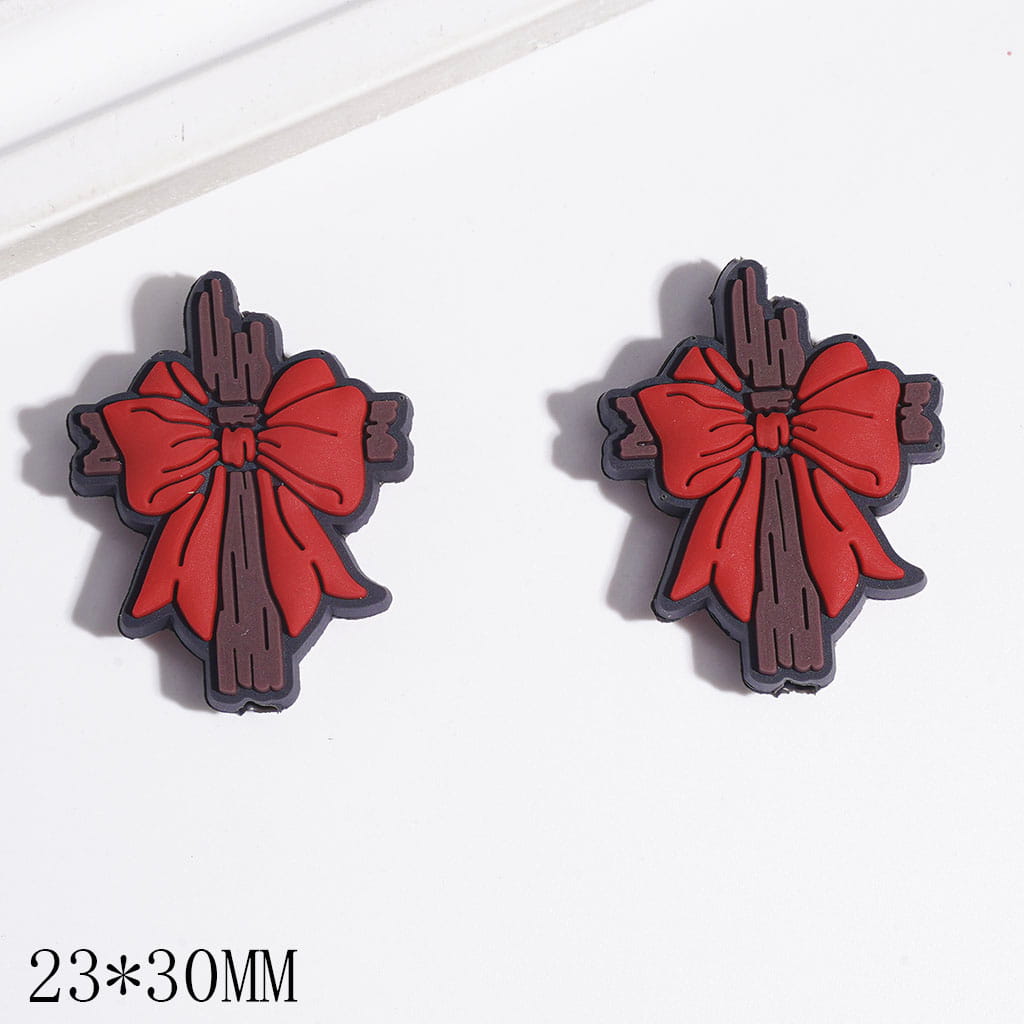 Silicone Focal Beads Brown Wooden Cross with Bowtie, 23*30MM, Multi-Color