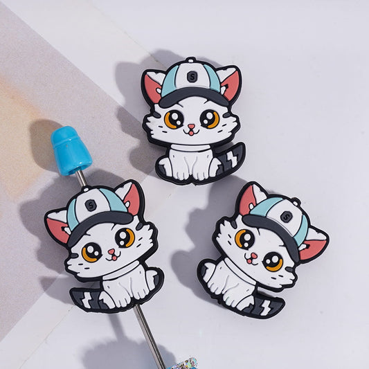 Cute Kitty with Baseball Cap Silicone Focal Beads