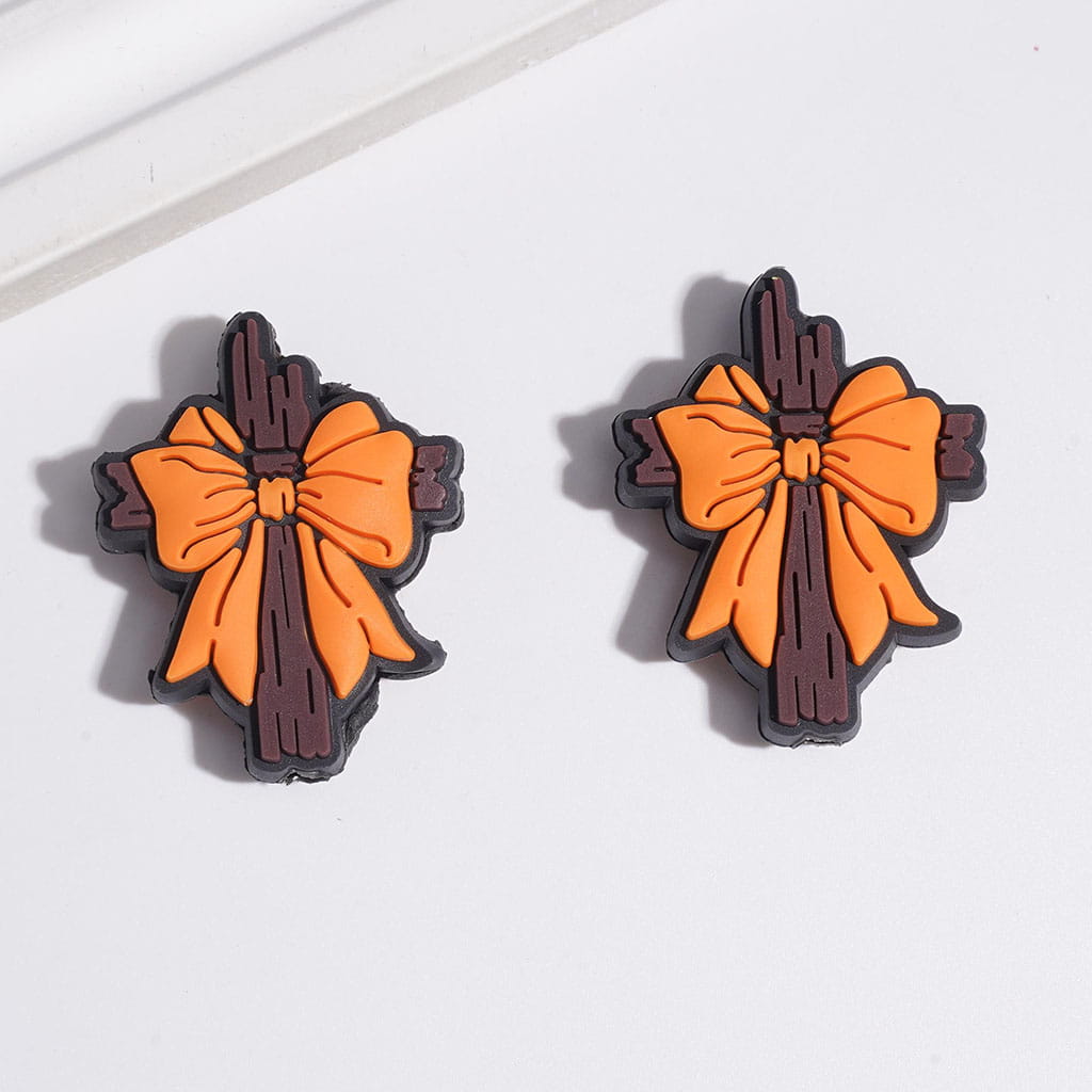 Silicone Focal Beads Brown Wooden Cross with Bowtie, 23*30MM, Multi-Color