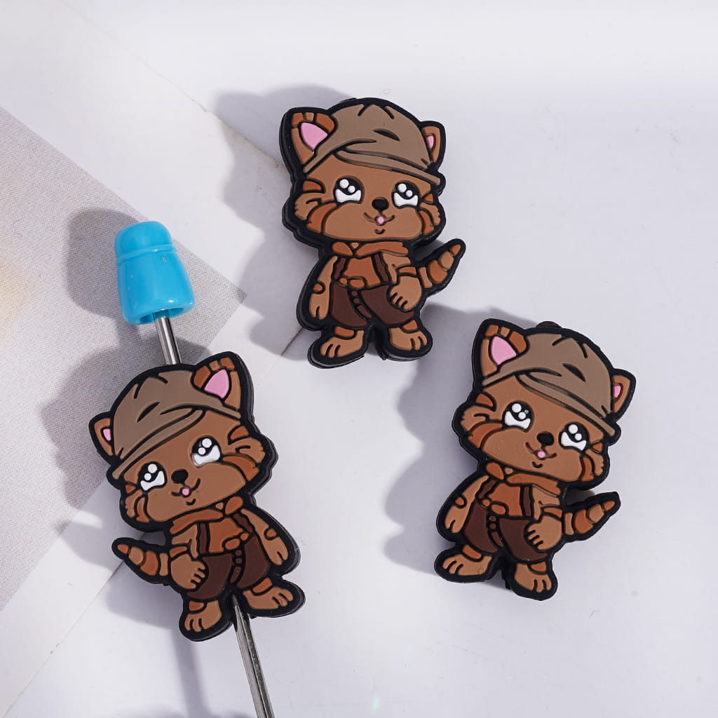 Cute Character Design Brown Cat in Hat & Suspender Trousers Silicone Focal Beads