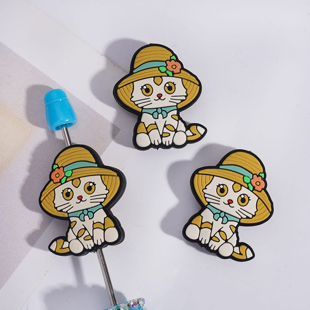 Beautiful Cat Stylish Pet Design with Olive Green Straw Hat & Teal Scarf Silicone Focal Bead