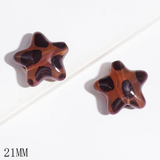 Wild Leopard Black Spots Print Pattern Red Brown Star Shaped Acrylic Beads for DIY Bracelets, 21MM