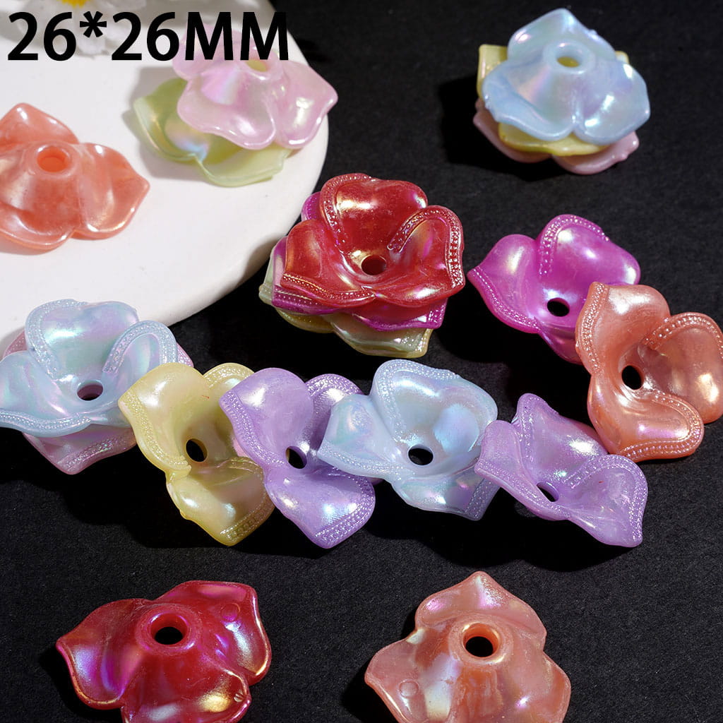 UV Coated Three-Petaled Flower Bead Cages, Acrylic Bead Cap, 26*26MM, Macaron Colors Random Mix (They Fit 20MM Beads)