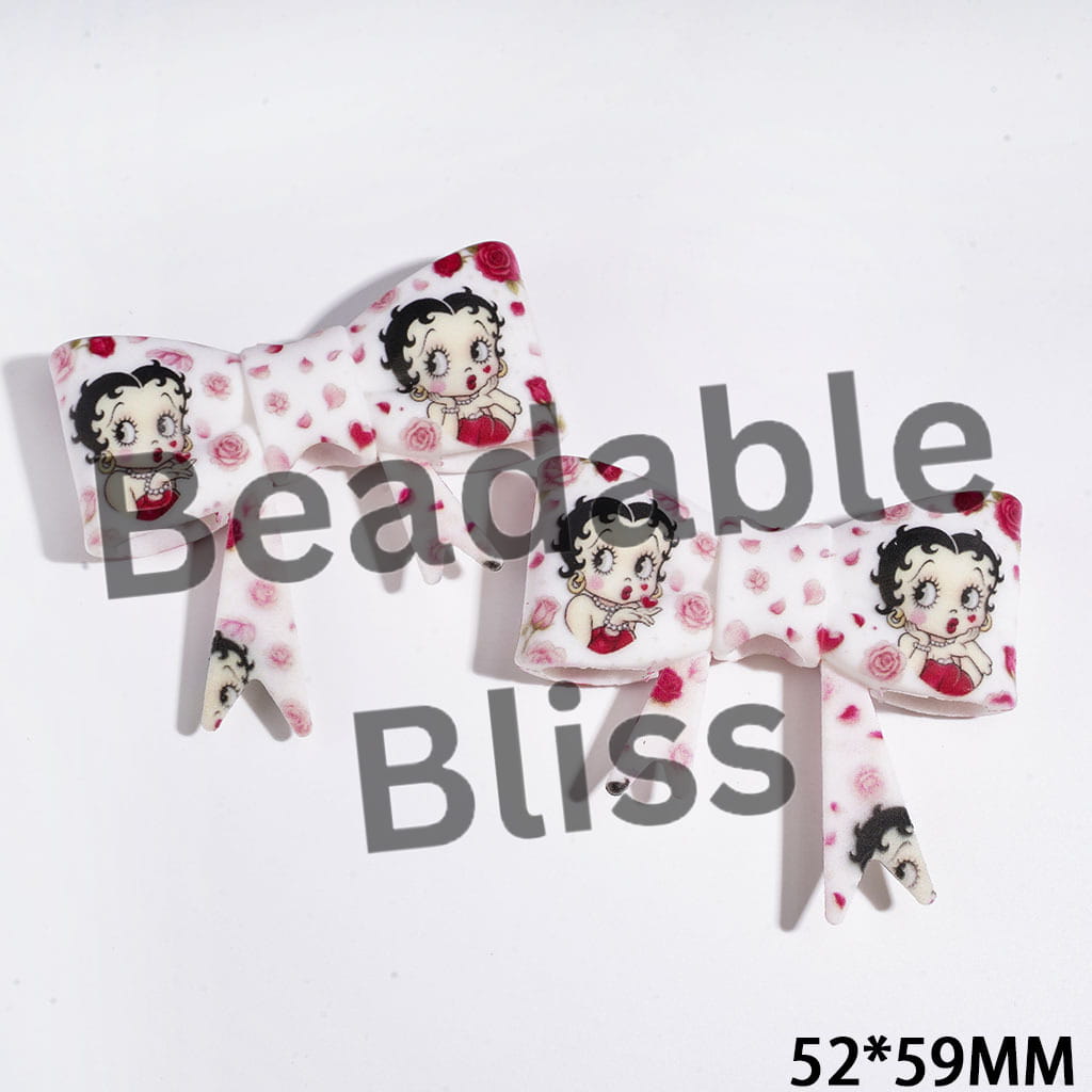 UV-Printed Soft Bowtie with Old Girl Character and Rose Flower Printed Silicone Focal Beads, 52*59MM