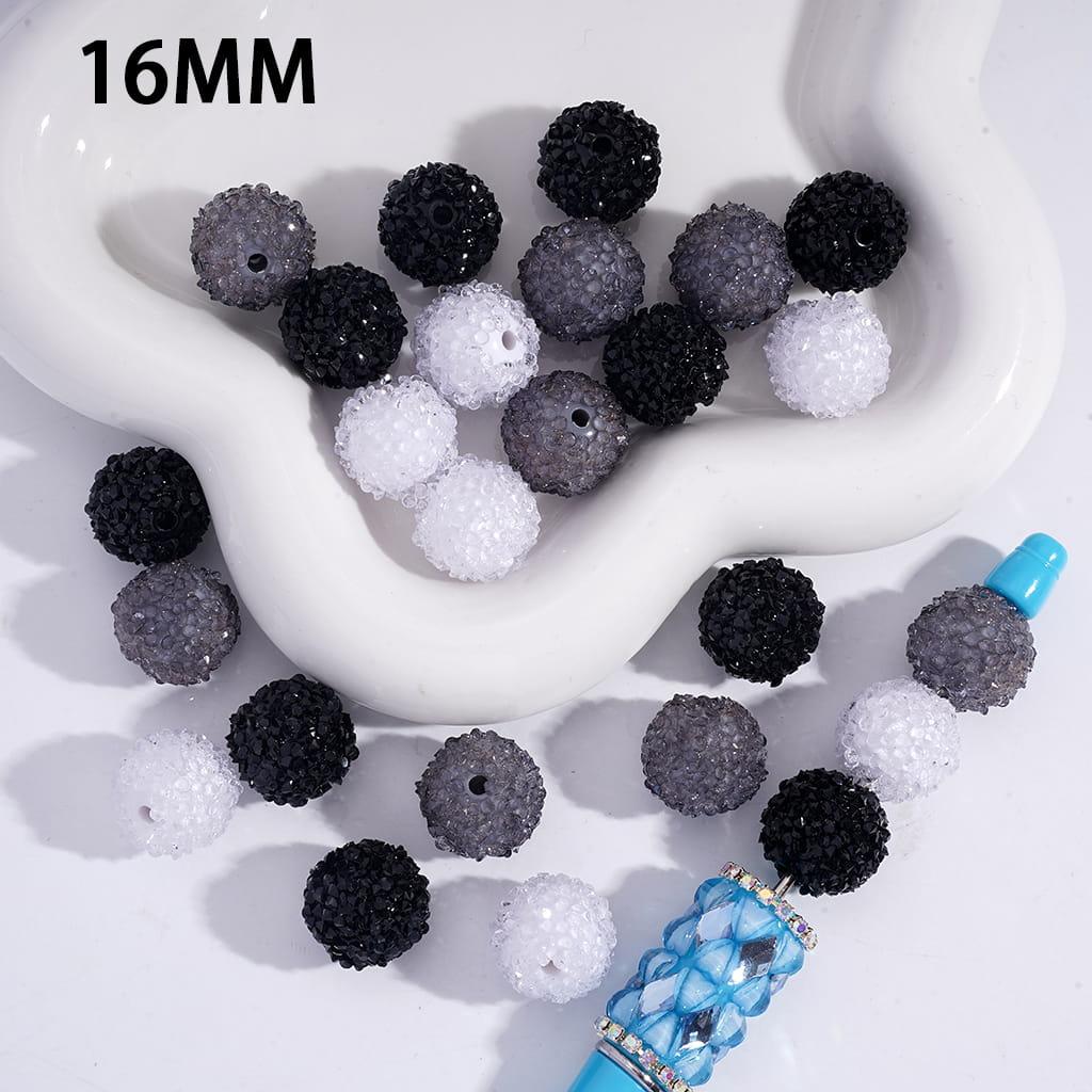 Black Gray & White Sugar Acrylic Beads with Shiny Cone Rhinestones 16MM Random Mix