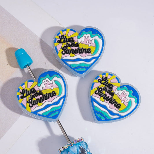 Flat Heart Shape Silicone Focal Beads with Text “Live in the Sunshine” Summer Beach Vibe