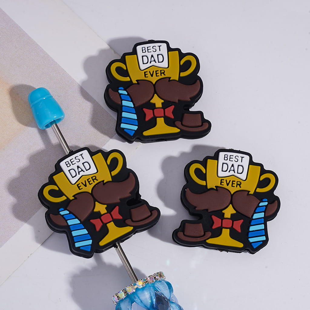 Champion Trophy Silicone Focal Beads with Text “Best Dad Ever” with Blue Striped Tie