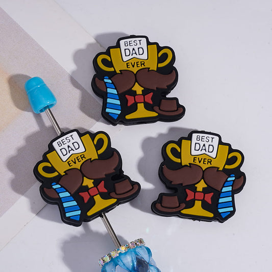 Champion Trophy Silicone Focal Beads with Text “Best Dad Ever” with Blue Striped Tie