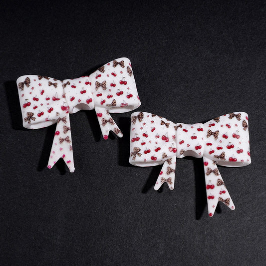 UV-Printed Leopard Print Bowtie & Cherry Pattern Soft Bow-Shaped Silicone Focal Beads, 53*59MM