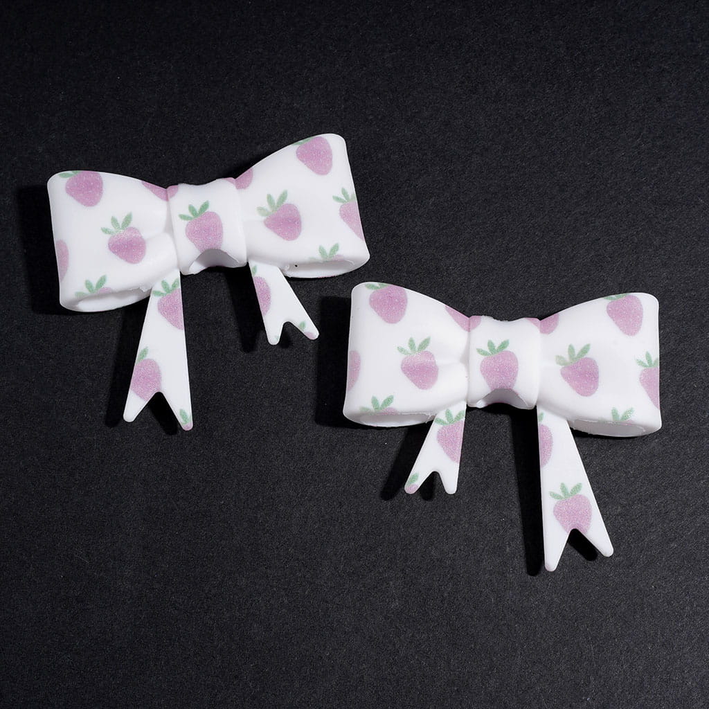 UV-Printed Sweet Light Pink and Purple Strawberry Pattern Strawberry Pattern Soft Bowtie Shape Silicone Focal Beads, 53*59MM