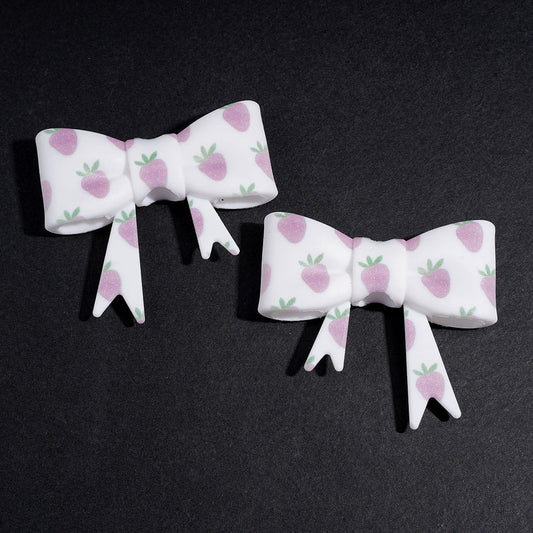 UV-Printed Sweet Light Pink and Purple Strawberry Pattern Strawberry Pattern Soft Bowtie Shape Silicone Focal Beads, 53*59MM