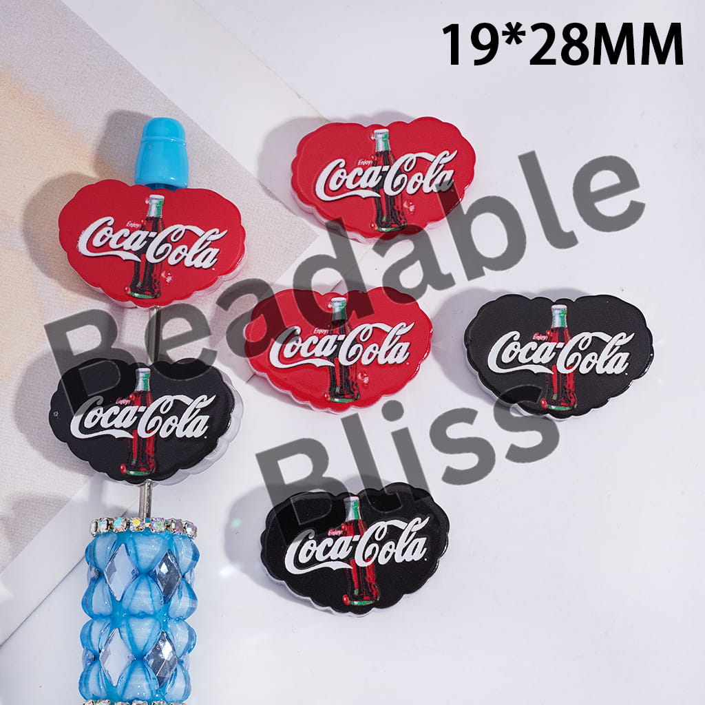 Acrylic Beads Wavy Heart-Shape with Soda Drink Prints Series, 19*28MM, Translucent, Random Mix