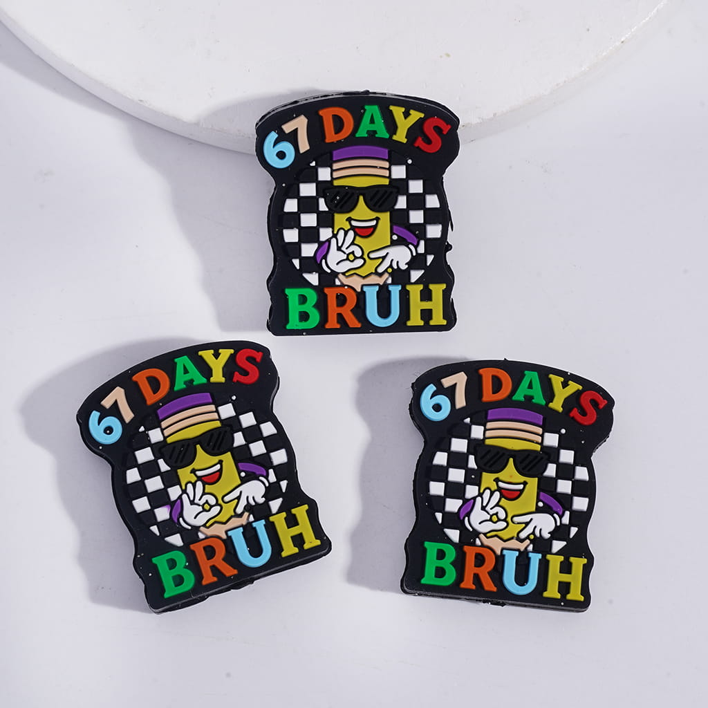 Black White Checkerboard Silicone Focal Beads with Cool Pencil with Text "67 DAYS BRUH"