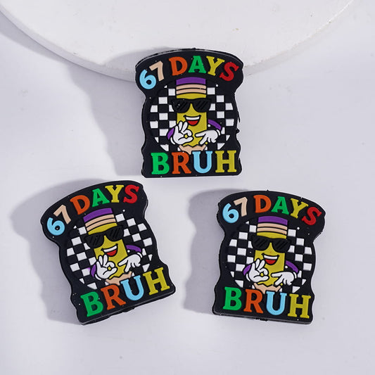 Black White Checkerboard Silicone Focal Beads with Cool Pencil with Text "67 DAYS BRUH"