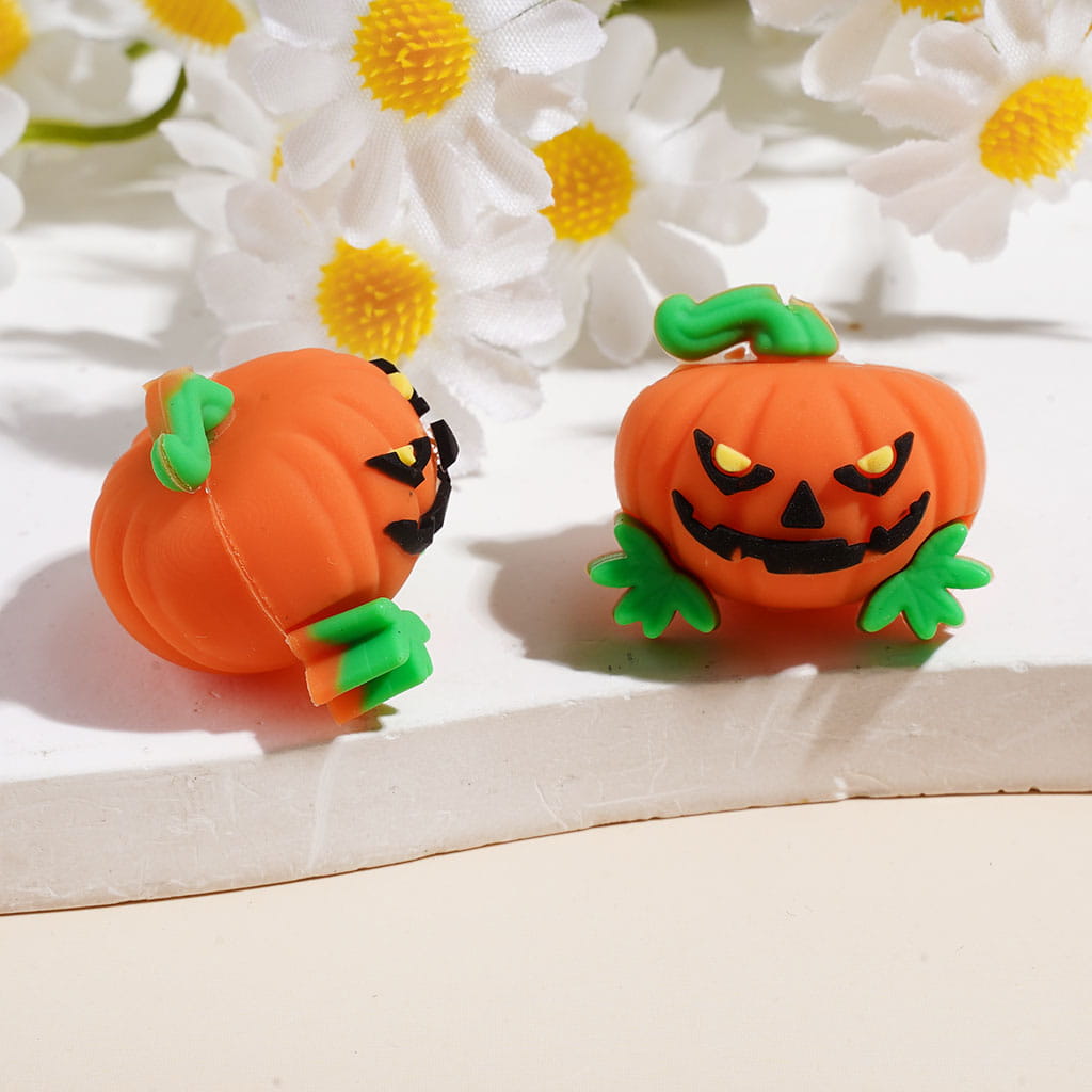 3D Mini Halloween Evil Pumpkin with Green Leaf and Stem Silicone Focal Beads, Assorted Colors