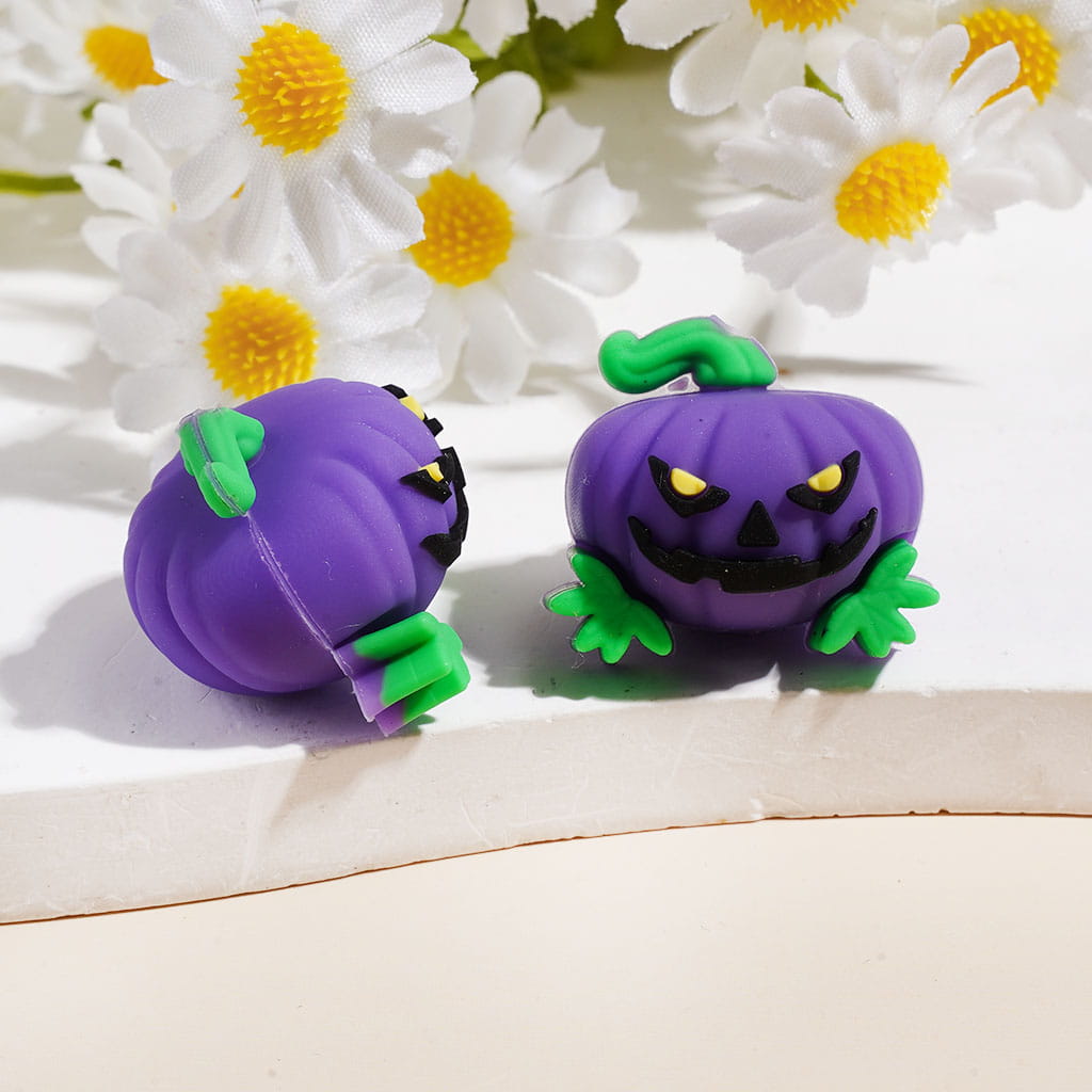 3D Mini Halloween Evil Pumpkin with Green Leaf and Stem Silicone Focal Beads, Assorted Colors