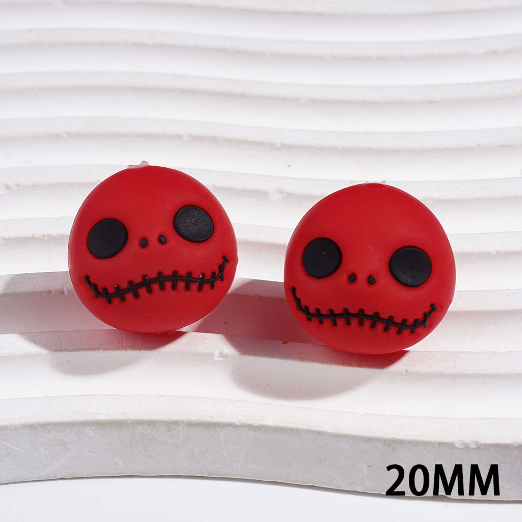 3D Halloween Horror Stitched Skull Face Design Spherical Round Silicone Focal Beads, 20MM, Red & White