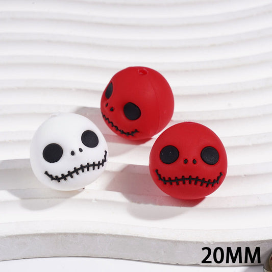 3D Halloween Horror Stitched Skull Face Design Spherical Round Silicone Focal Beads, 20MM, Red & White