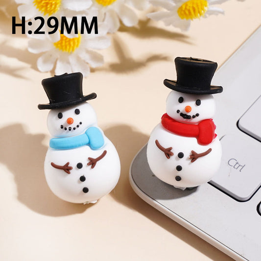 Cute Adorable Snowman Character with Black Hat and Blue Scarf Silicone Focal Beads Hight 29 MM Assorted Colors