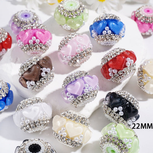 Romantic Heart-Shaped Rhinestone with White Pearl Chain, Clear Rhinestone and White Pearl Chains Handmade Acrylic Beads, 22MM, Multicolor