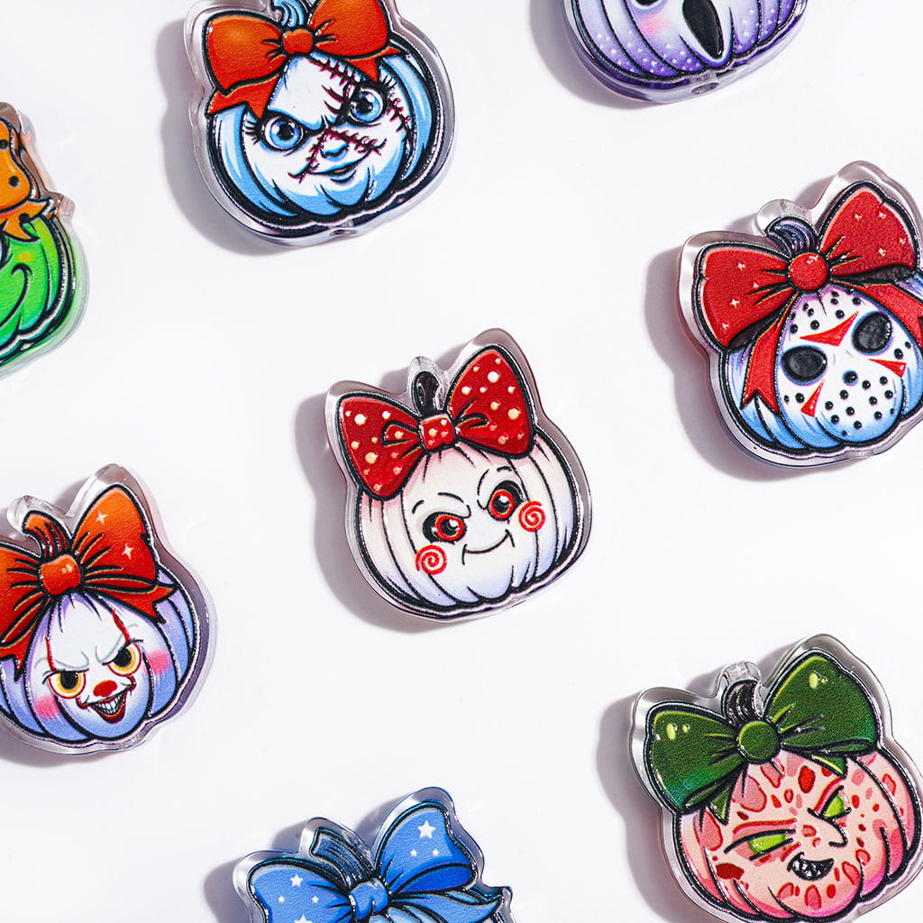 Spooky Halloween Bow Character Pumpkin Face with Killer Character Design Semi-Clear Acrylic Beads, Assorted Designs, Random Mix