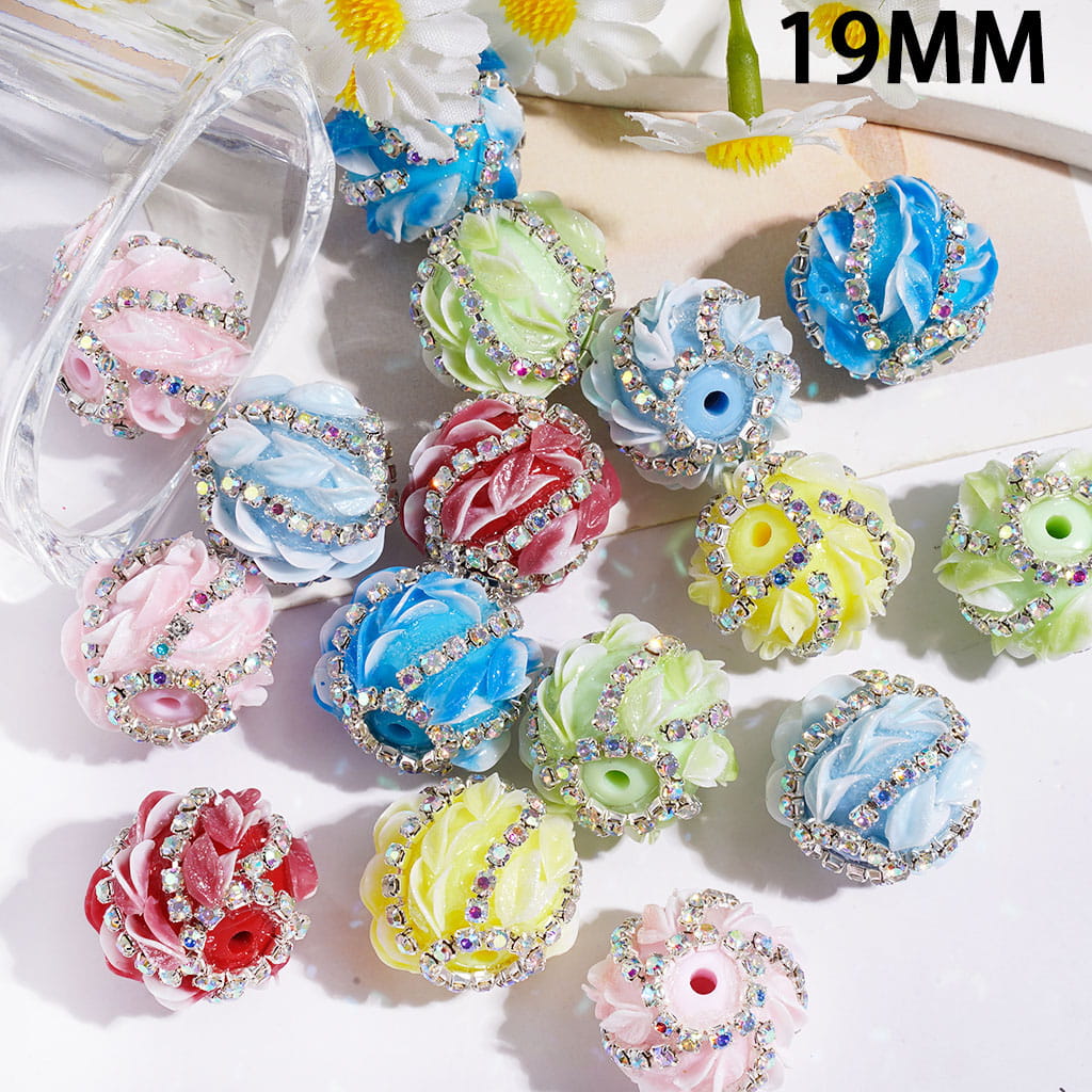 Hand-Made Acrylic Beads with AB Rhinestones Chains and Glittery Leaf, 19MM, Multi Colors
