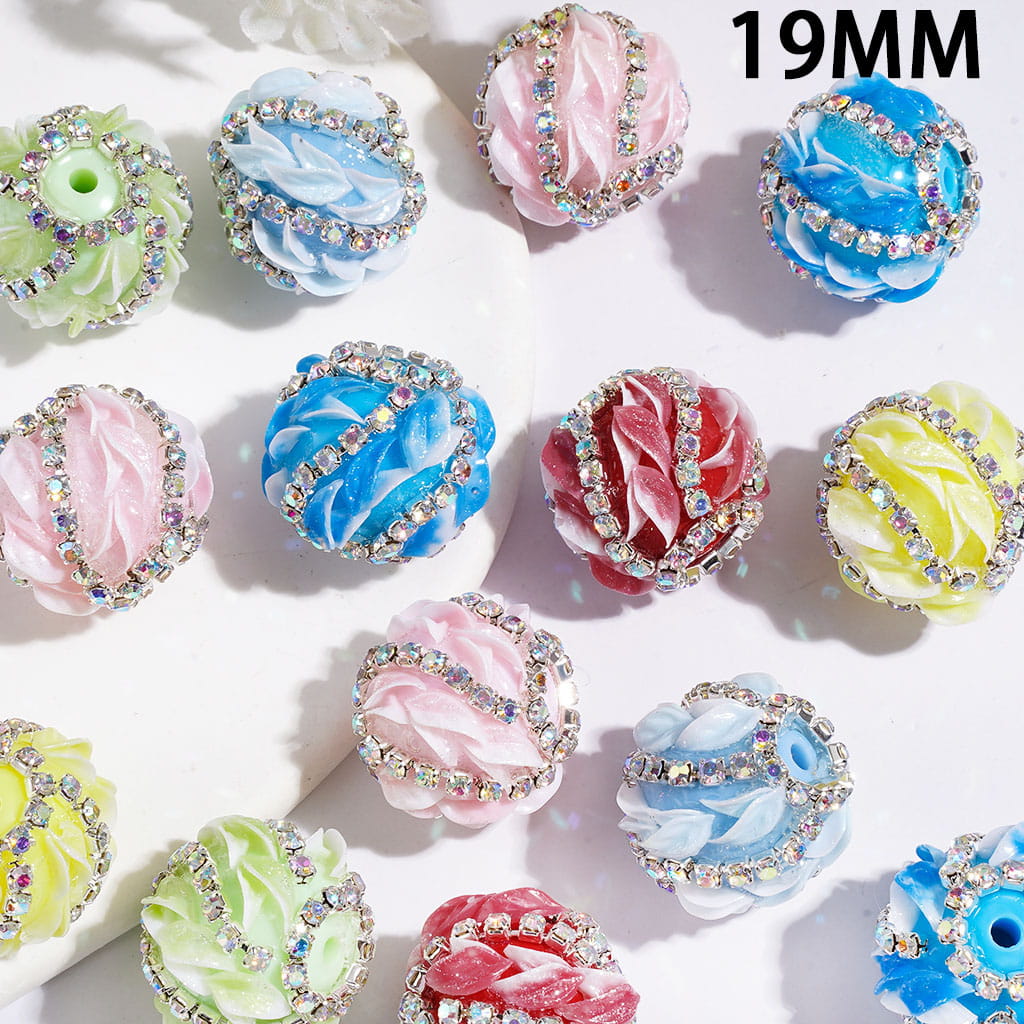 Hand-Made Acrylic Beads with AB Rhinestones Chains and Glittery Leaf, 19MM, Multi Colors