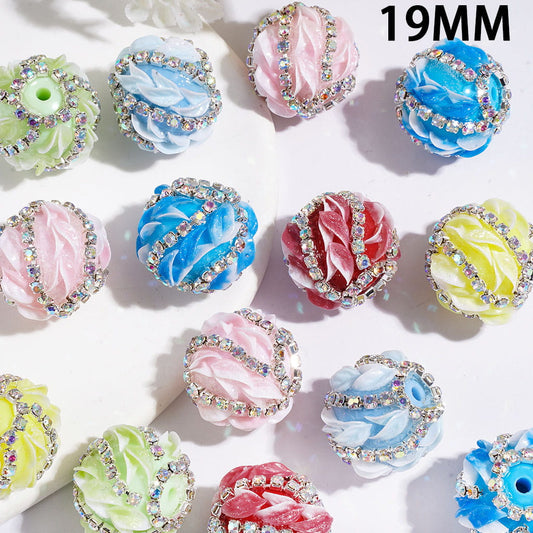 Carved Swirl Handmade Round Acrylic Beads with AB Rhinestone Chain & Glitter Leaf Design, 19MM, Multi-Color, Random Mix