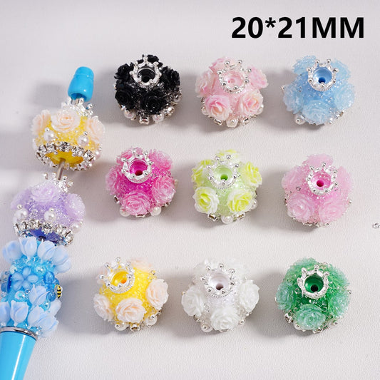 Flower & Crown Design with Pearls & Rhinestones Shiny Sugar Acrylic Beads Multi Color 20*21MM