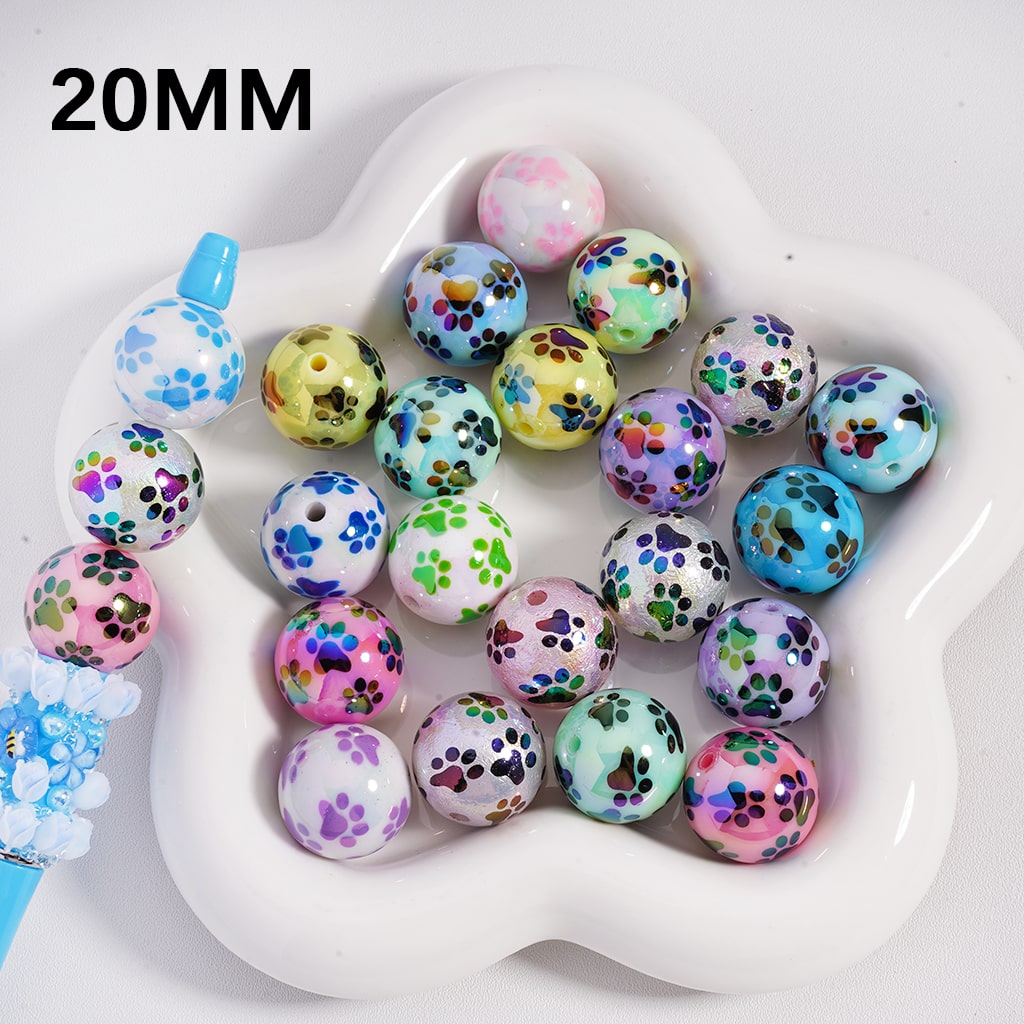 UV Coating Cute Paw Prints Multi Color Acrylic Beads 20MM Random Mix
