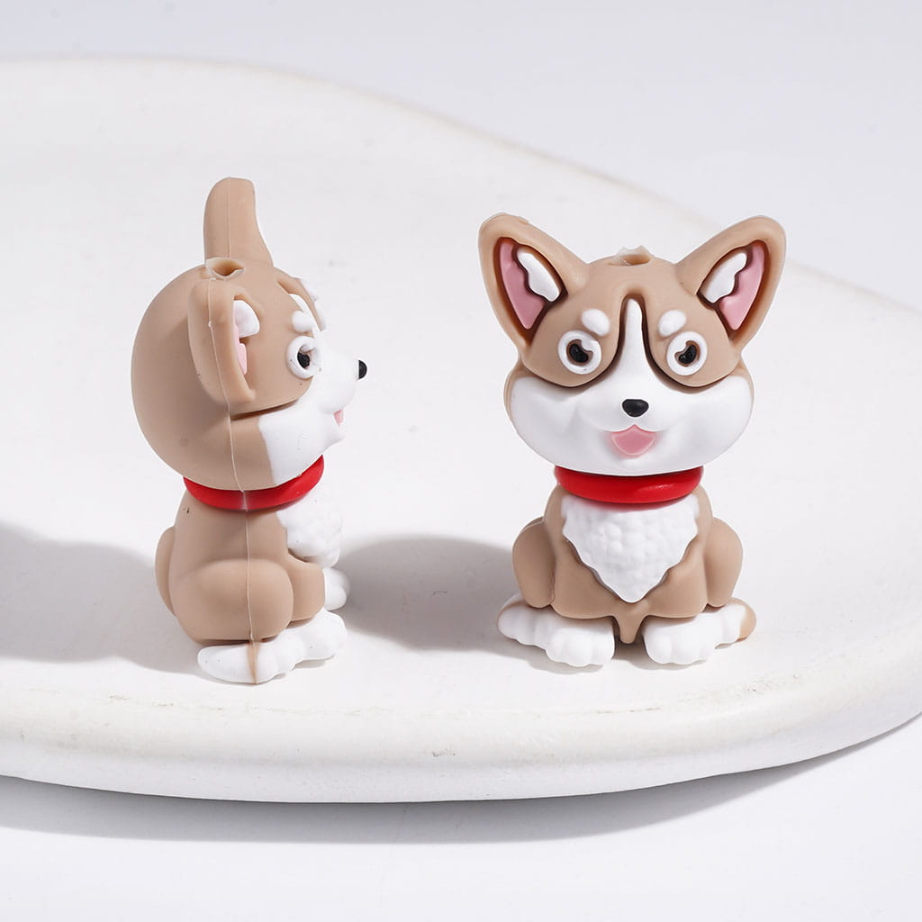3D Cute Red Collar Sitting Dog Character Silicone Focal Beads, 20*28MM, Yellow & Light Brown