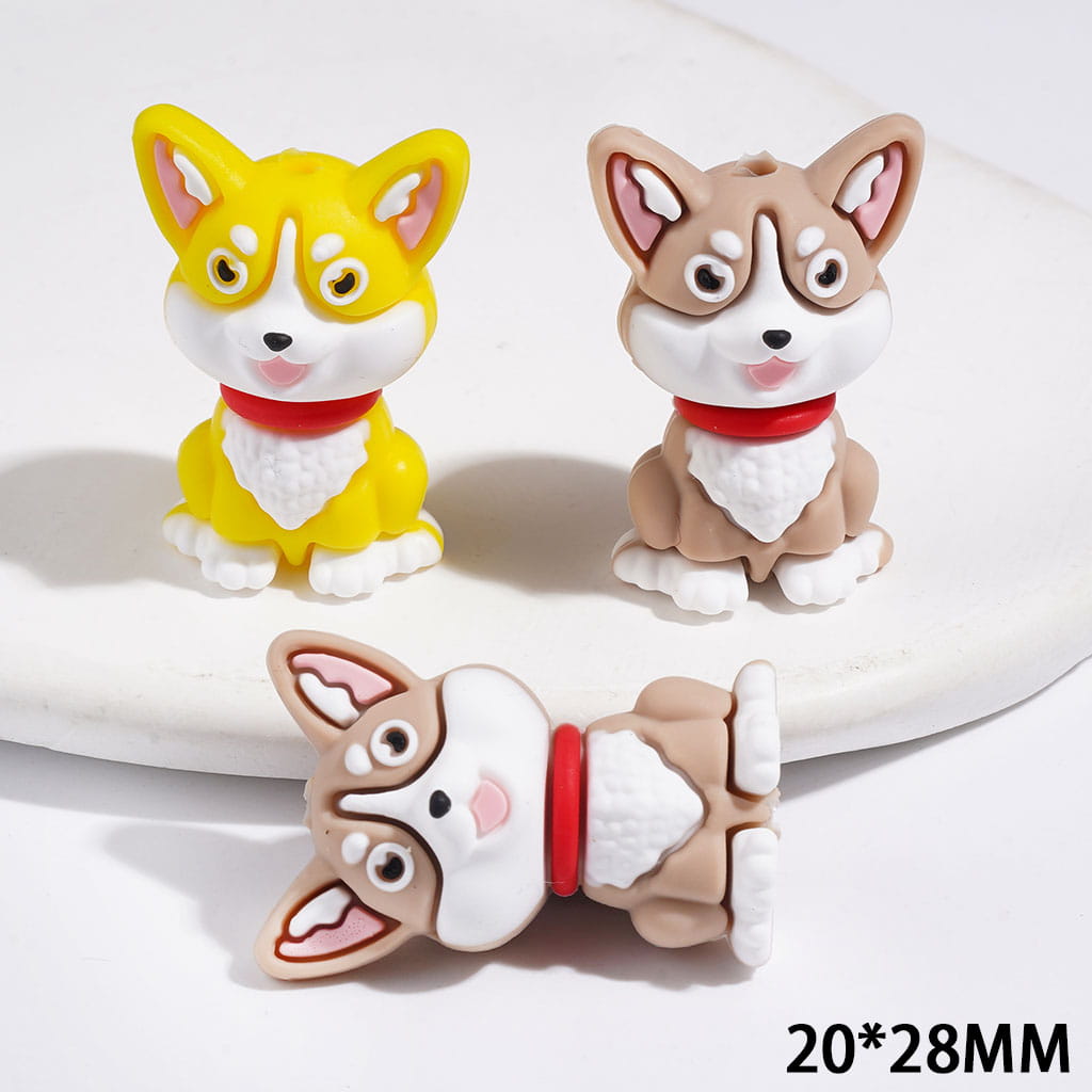 3D Cute Red Collar Sitting Dog Character Silicone Focal Beads, 20*28MM, Yellow & Light Brown