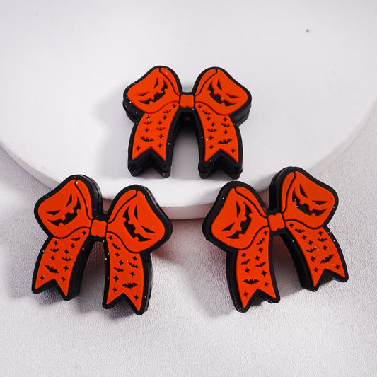 Halloween Silicone Focal Beads Orange Bowknot with Ghost Face Bat and Star