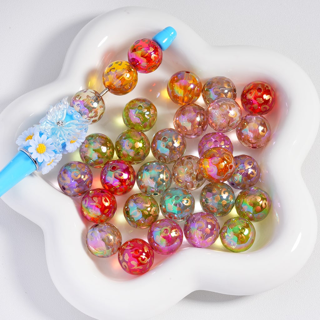 UV Coated Translucent 16 mm Acrylic Beads Gold Leopard Print, Multi Color Mix
