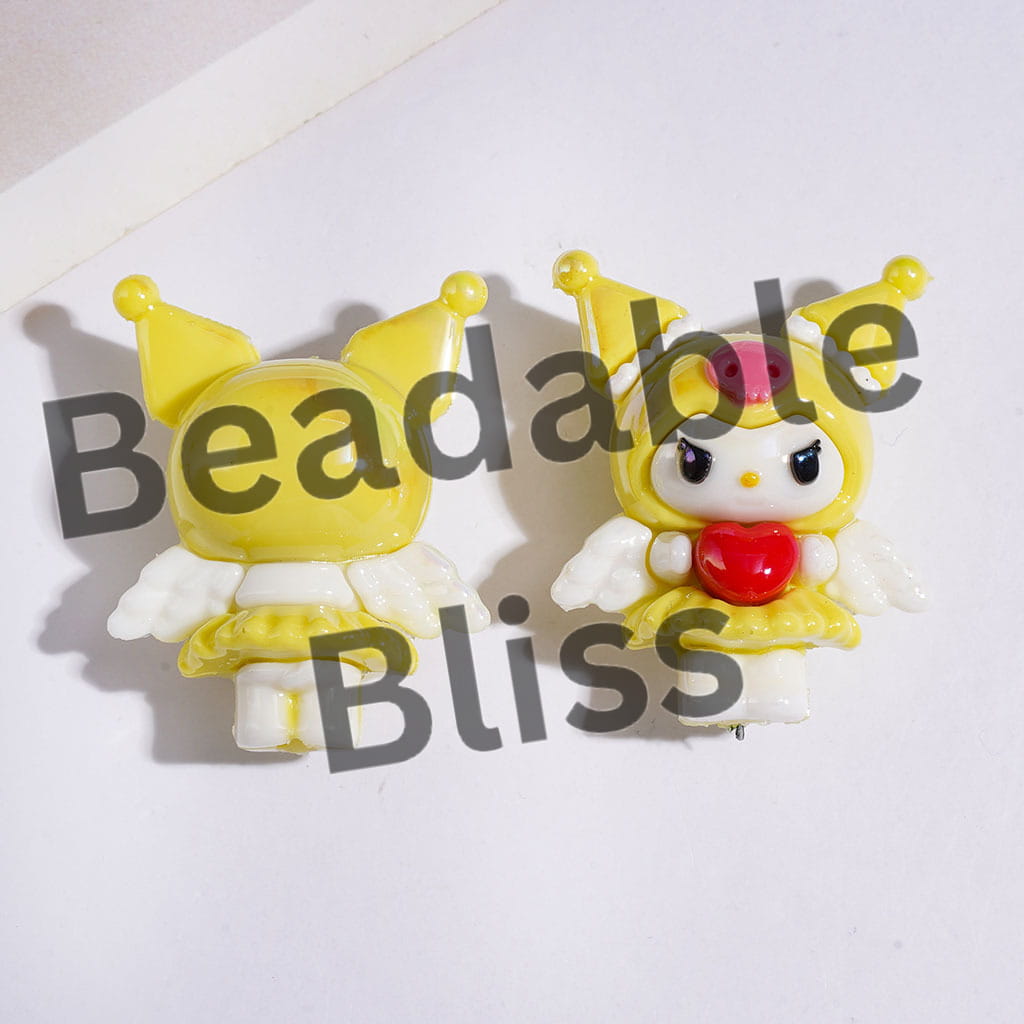 UV Coating Evil Girl Character Holding Heart with Wings Soft PVC Rubber Beads Height 32MM, Multi Colors