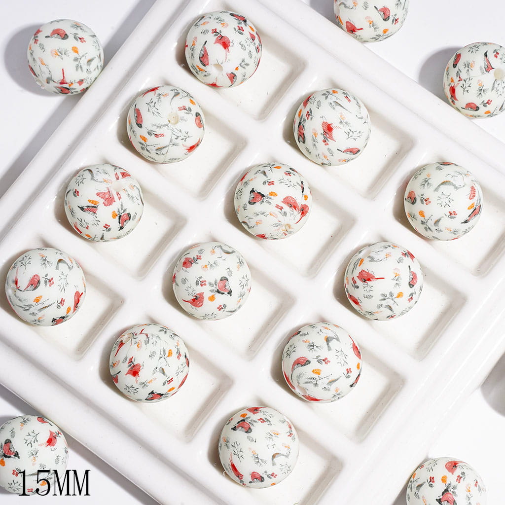 Adorable Floral Design with Red Bird Printed Round Silicone Beads for DIY Bracelets, 15MM
