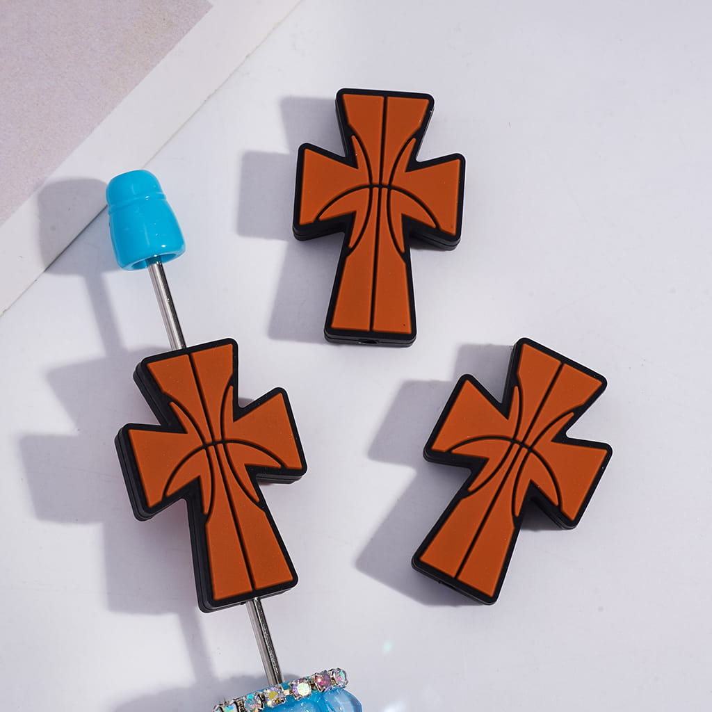 JESUS Cross with Sports Ball Textures Silicone Focal Beads
